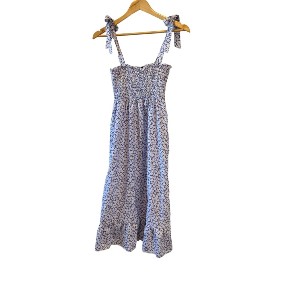 NWOT SHEIN White & Blue Floral Print Tie Strap Long Accordion Top Dress XS